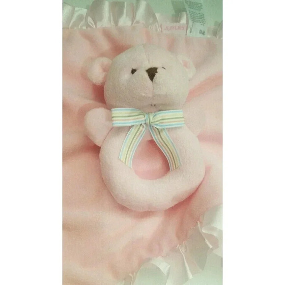 Carter's Plush Teddy Bear Rattle Lovey Security Blanket Pink Satin Trim 13" - Picture 3 of 5